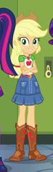 Size: 250x815 | Tagged: safe, derpibooru import, screencap, applejack, rarity, sci-twi, twilight sparkle, better together, equestria girls, forgotten friendship, applejack's hat, belt, boots, clothes, cowboy boots, cowboy hat, cropped, crossed arms, denim skirt, female, freckles, geode of super strength, hat, legs, lockers, magical geodes, offscreen character, skirt, smiling, stetson