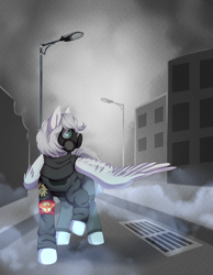 Size: 3500x4500 | Tagged: artist needed, source needed, safe, oc, oc:light knight, pegasus, armband, city, clothes, fog, gas mask, mask