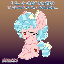 Size: 768x768 | Tagged: safe, artist:snakeythingy, derpibooru import, cozy glow, pegasus, pony, school raze, season 8, alternate universe, crying, dialogue, female, filly, gradient background, headcanon, solo, story included, tears of sadness, woobie