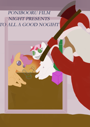 Size: 3507x4960 | Tagged: artist needed, safe, derpibooru import, scootaloo, oc, oc:flicker, bong, christmas, holiday, ponibooru film night, santa claus