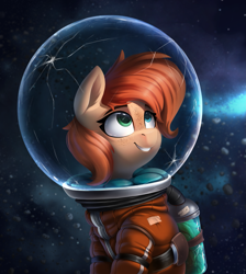 Size: 2211x2468 | Tagged: safe, artist:rexyseven, oc, oc only, oc:rusty gears, earth pony, pony, astronaut, crack, danger, female, freckles, helmet, high res, leaves, mare, solo, spacesuit