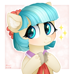 Size: 1500x1500 | Tagged: safe, artist:rizzych, artist:vird-gi, derpibooru import, coco pommel, earth pony, pony, collaboration, blushing, cocobetes, cute, ear fluff, female, looking at you, mare, smiling, solo, unshorn fetlocks