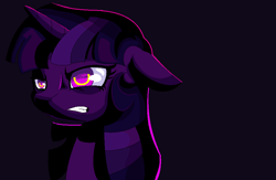 Size: 932x608 | Tagged: safe, artist:kyariiope, artist:ponyaa, twilight sparkle, pony, angry, backlighting, female, floppy ears, gritted teeth, mare, narrowed eyes, purple background, sidemouth, simple background, solo