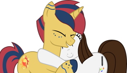 Size: 9072x5216 | Tagged: safe, artist:cirillaq, derpibooru import, oc, oc only, oc:brittneigh ackermane, oc:stewie, pony, unicorn, absurd resolution, female, hug, male, mare, simple background, stallion, transparent background, vector