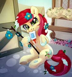 Size: 4048x4328 | Tagged: safe, artist:taneysha, roseluck, earth pony, pony, student counsel, absurd resolution, cute, cuteluck, female, flowering branch, glue, looking at you, mare, mouth hold, silly, silly pony, smiling, solo, stick