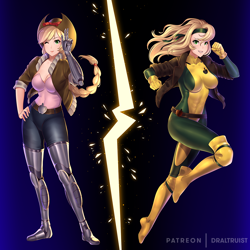 Size: 1000x1000 | Tagged: safe, artist:draltruist, applejack, human, applerack, breasts, bunnie rabbot, clothes, commission, cosplay, costume, female, henchmen, humanized, rogue (x-men), sonic the hedgehog (series), x-men