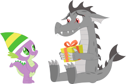 Size: 3579x2373 | Tagged: safe, artist:porygon2z, derpibooru import, spike, oc, oc:draco axel, dragon, christmas, eye scar, holiday, present, scar, simple background, transparent background