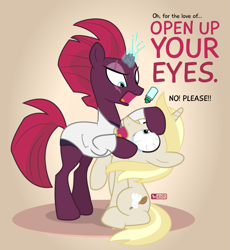 Size: 875x950 | Tagged: safe, artist:dm29, derpibooru import, fizzlepop berrytwist, tempest shadow, oc, oc:colin nary, pony, unicorn, broken horn, duo, eye drops, eye scar, female, looking up, male, mare, open up your *very* eyes, open up your eyes, optometrist, pain, pink background, pun, scar, simple background, stallion