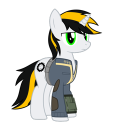 Size: 1200x1200 | Tagged: safe, artist:gearcircuit_446, oc, oc only, oc:446, pony, unicorn, fallout equestria, 2020 community collab, clothes, derpibooru community collaboration, fallout, female, pipbuck, simple background, solo, transparent background, vault suit