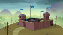 Size: 1440x810 | Tagged: safe, derpibooru import, screencap, the hooffields and mccolts, dead tree, flag, fort, fort mccolt, no pony, tree