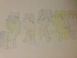 Size: 2592x1944 | Tagged: safe, artist:jaredking179, derpibooru import, oc, oc only, oc:julie, oc:kathleen, oc:michelle, oc:susan, oc:troy, pony, unicorn, clothes, female, hat, laughing, male, pants, shoes, traditional art