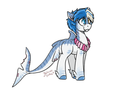 Size: 1024x768 | Tagged: safe, artist:rubysplash2018, derpibooru import, oc, oc:ocean bloom, original species, pony, shark pony, ear piercing, femboy, flower, lei, male, piercing, simple background, solo