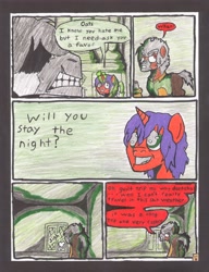 Size: 2502x3260 | Tagged: safe, artist:oatmeal155, oc, oc only, oc:cinnamon oats, oc:lotus dew, earth pony, pony, unicorn, comic:oat.meal, comic, dialogue, ever emerald manor, magic, magic aura, traditional art