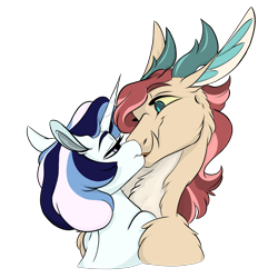 Size: 3100x3100 | Tagged: safe, artist:ask-y, derpibooru import, oc, oc only, oc:blue bonnet, oc:figment, draconequus, hybrid, pony, unicorn, female, interspecies offspring, kissing, male, mare, oc x oc, offspring, offspring shipping, parent:discord, parent:fancypants, parent:fluttershy, parent:rarity, parents:discoshy, parents:raripants, shipping, simple background, straight, transparent background