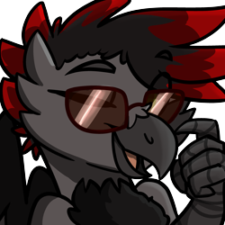 Size: 3200x3200 | Tagged: safe, artist:modularpon, oc, oc only, oc:scorp1.0, oc:scorpio, griffon, eyebrows visible through hair, glasses, icon, male, one eye closed, open mouth, red and black oc, simple background, solo, sunglasses, talons, transparent background, wink, winking at you