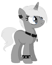 Size: 309x391 | Tagged: safe, artist:lupinhallow, derpibooru import, oc, oc only, oc:meredith, pony, unicorn, blank flank, collar, cross, ear piercing, earring, female, jewelry, mare, necklace, nose piercing, nose ring, piercing, simple background, solo, spiked wristband, white background, wristband