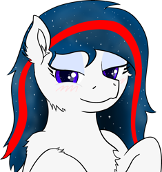 Size: 3784x4033 | Tagged: safe, alternate version, artist:poniidesu, oc, oc only, oc:nasapone, earth pony, pony, bedroom eyes, blushing, cheek fluff, chest fluff, cute, ear fluff, ethereal mane, eyeliner, female, high res, looking at you, makeup, mare, ocbetes, simple background, smug, starry mane, transparent background