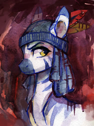 Size: 1100x1469 | Tagged: safe, artist:koviry, derpibooru import, oc, oc only, oc:indikashigo, zebra, beanie, bust, dreadlocks, feather, hat, solo, traditional art