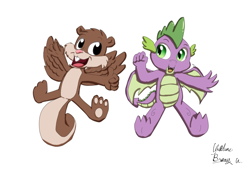 Size: 3750x2550 | Tagged: safe, artist:chiptunebrony, derpibooru import, spike, dragon, squirrel, animaniacs, crossover, cursive writing, cute, flying, open mouth, signature, skippy squirrel, smiling, thumbs up, winged spike, winged squirrel