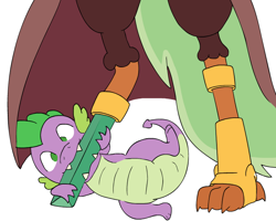 Size: 722x578 | Tagged: safe, artist:bur', artist:plofficer, derpibooru import, captain celaeno, spike, dragon, my little pony: the movie, amputee, crystal pegleg, dragons doing dragon things, nom, peg leg, prosthetic leg, prosthetic limb, prosthetics