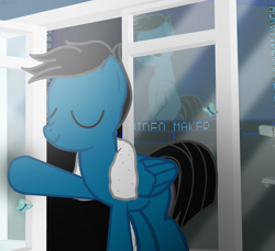 Size: 3600x3300 | Tagged: safe, artist:agkandphotomaker2000, oc, oc:pony video maker, butterfly, pegasus, pony, door, taking fresh air, towel