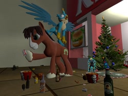 Size: 1024x768 | Tagged: safe, artist:horsesplease, gallus, trouble shoes, 3d, christmas, christmas tree, crowing, drunk, drunken shoes, engineer, food, gallus the rooster, gmod, griffon on top of pony, griffon on top of pony action, holiday, kfc, meat, tree