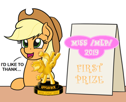 Size: 1098x896 | Tagged: safe, artist:mkogwheel edits, edit, applejack, earth pony, pony, applejack's hat, applejack's sign, award, cowboy hat, first, hat, meme, miss /mlp/ 2019, open mouth, sign, thanks, trophy