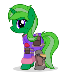Size: 1219x1458 | Tagged: safe, artist:limedreaming, derpibooru import, oc, oc only, oc:lime dream, pony, unicorn, fallout equestria, backpack, clothes, collar, female, freckles, gun, jumpsuit, looking at you, older, saddle bag, simple background, smiley face, sparkle cola, transparent background, weapon