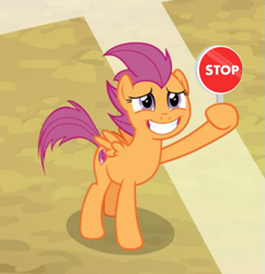 Size: 529x546 | Tagged: safe, edit, edited screencap, screencap, scootaloo, pegasus, pony, growing up is hard to do, cropped, female, grin, hoof hold, hooves, mare, older, older scootaloo, smiling, solo, spread wings, stop sign, windswept mane, wings