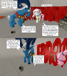 Size: 1920x2160 | Tagged: safe, artist:wiimeiser, grogar, kerfuffle, oc, oc:scotch tape, earth pony, pegasus, spoiler:s09, 3d, 8-ball, alfalfa, amputee, celestia redux, comic, error, prosthetic leg, prosthetic limb, prosthetics, sfm stage, source filmmaker, speech bubble, taffy tresses, wiimeiser complaining about sfm models