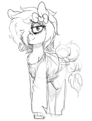 Size: 706x924 | Tagged: safe, artist:whydomenhavenipples, oc, oc:paradise skies, pegasus, pony, clothes, cute, female, hair over one eye, lidded eyes, mare, monochrome, ribbon, solo, sweater