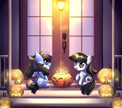 Size: 3333x2943 | Tagged: safe, artist:airiniblock, derpibooru import, oc, oc only, bat pony, earth pony, pony, bat pony oc, candy, clothes, costume, cute, door, duo, female, filly, food, halloween, holiday, jack-o-lantern, ocbetes, open mouth, pumpkin, rcf community, smiling