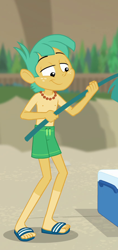 Size: 424x902 | Tagged: safe, derpibooru import, screencap, snails, better together, equestria girls, forgotten friendship, clothes, cropped, feet, male, male feet, palm leaf, partial nudity, sandals, shorts, smiling, solo, swimming trunks, tan lines, topless