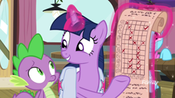 Size: 1920x1080 | Tagged: safe, screencap, cup cake, spike, twilight sparkle, twilight sparkle (alicorn), alicorn, dragon, a trivial pursuit, discovery family logo, graph, parchment, saddle bag, scroll, winged spike, written equestrian