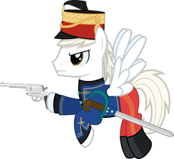 Size: 4386x4000 | Tagged: safe, artist:parclytaxel, oc, oc only, oc:mihály szekeres, pegasus, pony, .svg available, absurd resolution, angry, austro-hungarian, boots, clothes, coat, commission, dexterous hooves, flying, gasser m1870, gun, handgun, hat, hoof hold, hussar, male, pants, pistol, raised hoof, revolver, saber, shoes, simple background, solo, stallion, transparent background, tunic, uniform, vector, weapon, world war i