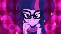 Size: 1920x1080 | Tagged: safe, screencap, sci-twi, twilight sparkle, better together, equestria girls, i'm on a yacht, adorasexy, beautiful, bedroom eyes, close-up, clothes, cute, dress, glasses, looking at you, neon eg logo, ponytail, sexy, sexy egghead, sleeveless, solo, twiabetes