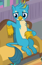 Size: 304x466 | Tagged: safe, derpibooru import, screencap, gallus, griffon, the hearth's warming club, claws, cropped, male, paws, sitting, tail