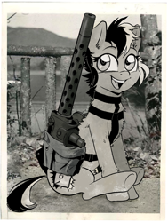 Size: 1352x1789 | Tagged: safe, artist:draw3, oc, earth pony, pony, /mlp/, 4chan, bag, browning m1919, cute, drawthread, gun, happy, heavy machine gun, looking at you, machine gun, monochrome, ocbetes, photo, ponified, ponified animal photo, saddle bag, sitting, solo, weapon