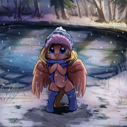 Size: 2500x2500 | Tagged: safe, artist:miokomata, derpibooru import, oc, oc only, oc:mioz, pegasus, pony, bipedal, clothes, cute, female, freckles, hat, mare, ocbetes, outdoors, pond, scarf, snow, snowfall, socks, solo