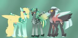 Size: 4891x2394 | Tagged: safe, artist:clay-bae, thunderlane, zephyr breeze, oc, oc only, oc:hotspot, pegasus, pony, alternate design, colored hooves, colored wings, eye scar, family, feathered fetlocks, featherless wings, gay, green background, hair over one eye, magical gay spawn, male, offspring, parents:zephyrlane, scar, shipping, simple background, stallion, tail feathers, trio, wings, zephyrlane