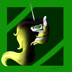 Size: 2000x2000 | Tagged: safe, artist:crystal-heart-with-isaak-astor, artist:crystalcontemplator, derpibooru import, oc, oc:crystal heart, oc:crystalcontemplator, pony, unicorn, armor, green background, green eyes, helmet, infinity, long hair, long horn, simple background, tollenland