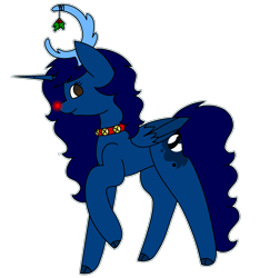 Size: 1924x2055 | Tagged: safe, artist:midnightamber, derpibooru import, oc, oc only, oc:midnight, alicorn, pony, alicorn oc, antlers, collar, female, glowing nose, holly, jingle bells, mare, red nose, reindeer antlers, side view, simple background, smiling, solo