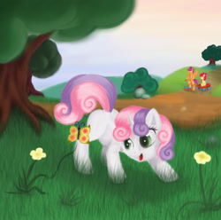 Size: 1965x1948 | Tagged: safe, artist:sa-loony, apple bloom, scootaloo, sweetie belle, butterfly, pony, cute, cutie mark crusaders, diasweetes, flower, grass, scenery, scooter, solo focus, tree