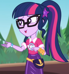 Size: 738x794 | Tagged: safe, screencap, sci-twi, twilight sparkle, better together, equestria girls, sunset's backstage pass!, clothes, collar, cropped, cute, female, forest, forest background, geode of telekinesis, glasses, hairclip, lidded eyes, logo, magical geodes, music festival outfit, ponytail, pouch, shirt, short sleeves, skirt, smiling, twiabetes, wrist wraps