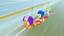 Size: 1280x720 | Tagged: safe, derpibooru import, screencap, apple bloom, scootaloo, sweetie belle, the cutie mark chronicles, cutie mark crusaders, helmet, screaming, speed lines, zip line, zipline