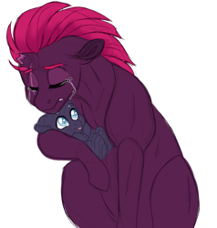 Size: 1024x1074 | Tagged: safe, artist:azure-art-wave, tempest shadow, oc, oc:eventide eclipse, pony, baby, baby pony, blind, crying, magical lesbian spawn, offspring, parent:tempest shadow, parent:twilight sparkle, parents:tempestlight, simple background, transparent background