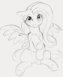 Size: 745x902 | Tagged: safe, artist:dotkwa, fluttershy, pegasus, pony, chest fluff, cute, female, human shoulders, mare, monochrome, simple background, sitting, smiling, solo, wings