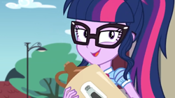 Size: 1600x900 | Tagged: safe, screencap, sci-twi, twilight sparkle, better together, equestria girls, holidays unwrapped, food, glasses, jug, pepper, ponytail, smiling, smirk, solo, streetlight, tree