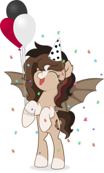 Size: 1920x3189 | Tagged: safe, artist:cirillaq, derpibooru import, oc, oc:ryolit, bat pony, pony, balloon, bipedal, confetti, female, hat, mare, party hat, simple background, solo, transparent background