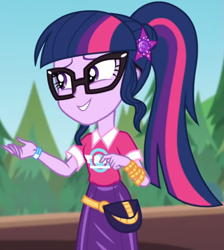 Size: 719x801 | Tagged: safe, screencap, sci-twi, twilight sparkle, better together, equestria girls, sunset's backstage pass!, clothes, collar, cropped, cute, female, forest, forest background, geode of telekinesis, glasses, hairclip, lidded eyes, logo, magical geodes, music festival outfit, ponytail, pouch, shirt, short sleeves, skirt, smiling, twiabetes, wrist wraps